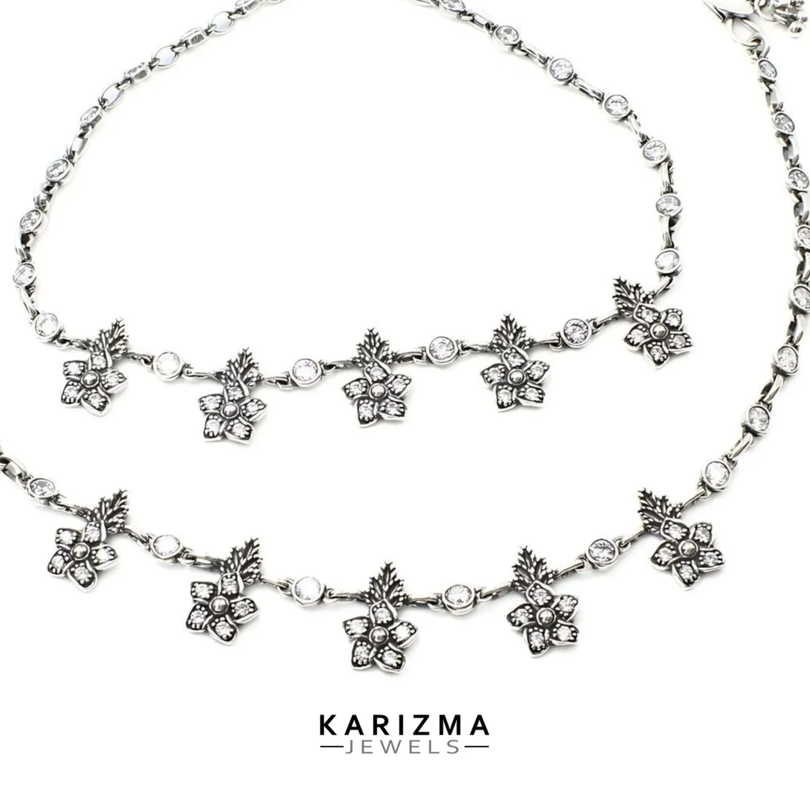 925 Sterling Silver Women White CZ Oxidised gorgeous flower Anklets Pair 10.7"