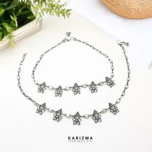 925 Sterling Silver Women White CZ Oxidised gorgeous flower Anklets Pair 10.7"