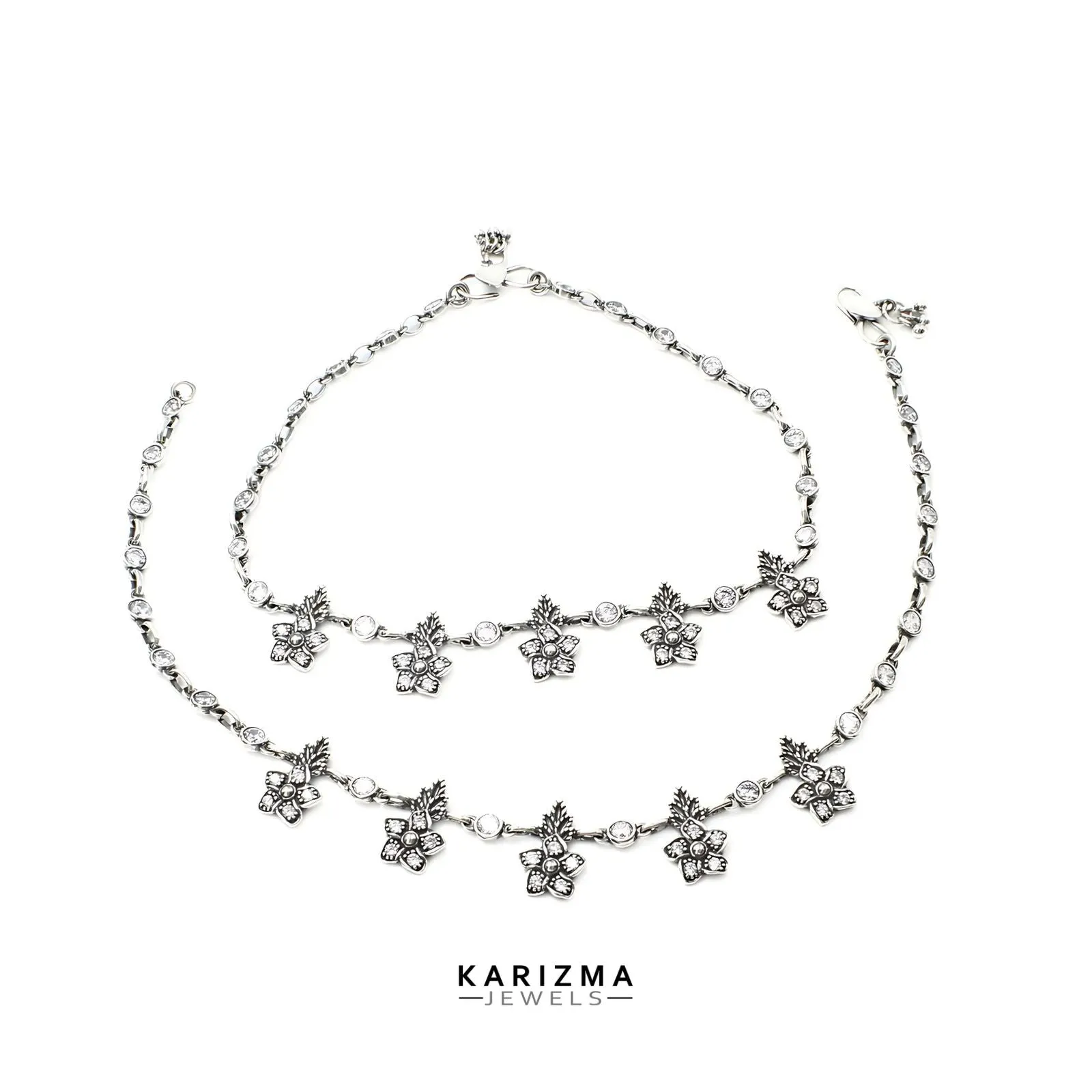 925 Sterling Silver Women White CZ Oxidised gorgeous flower Anklets Pair 10.7"