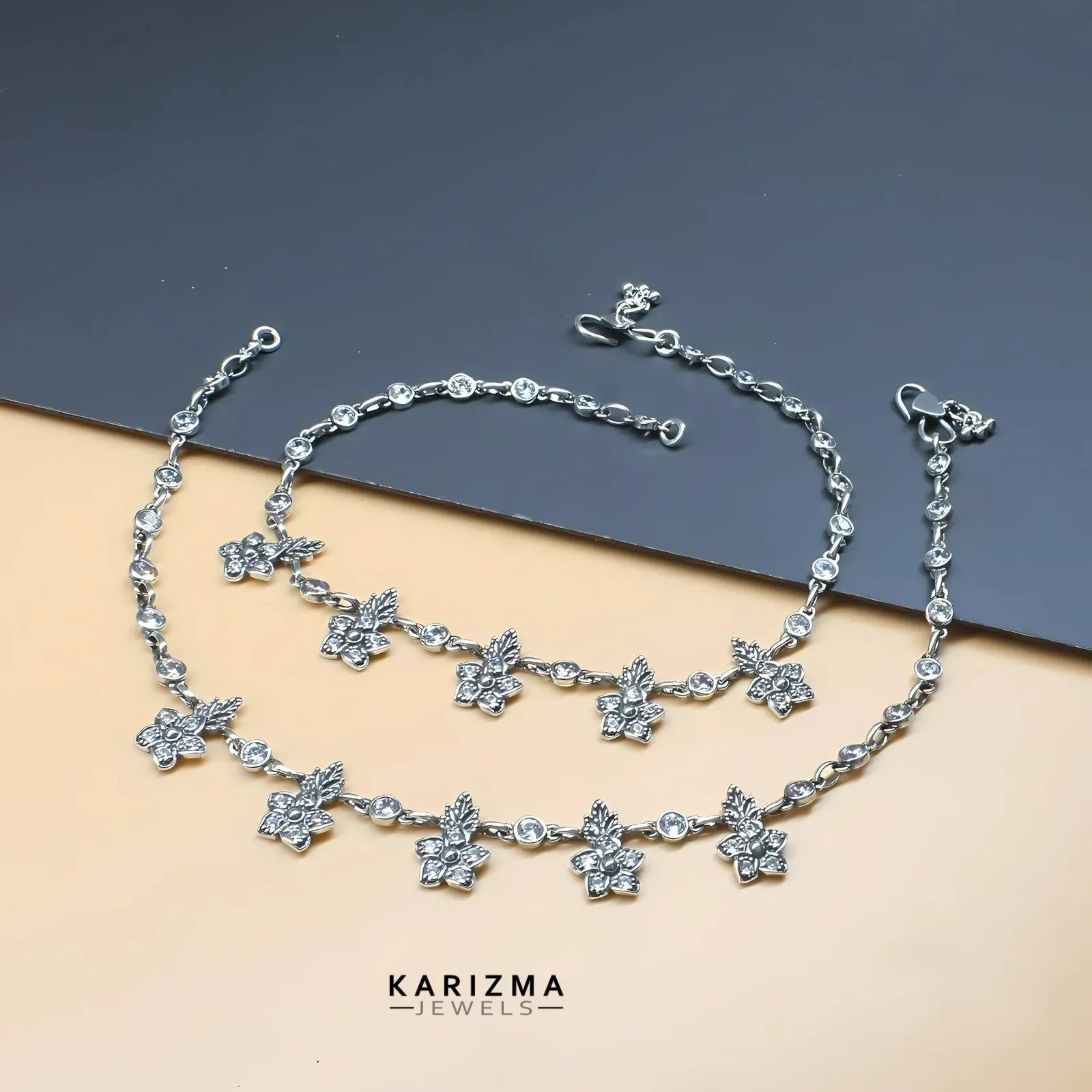 925 Sterling Silver Women White CZ Oxidised gorgeous flower Anklets Pair 10.7"
