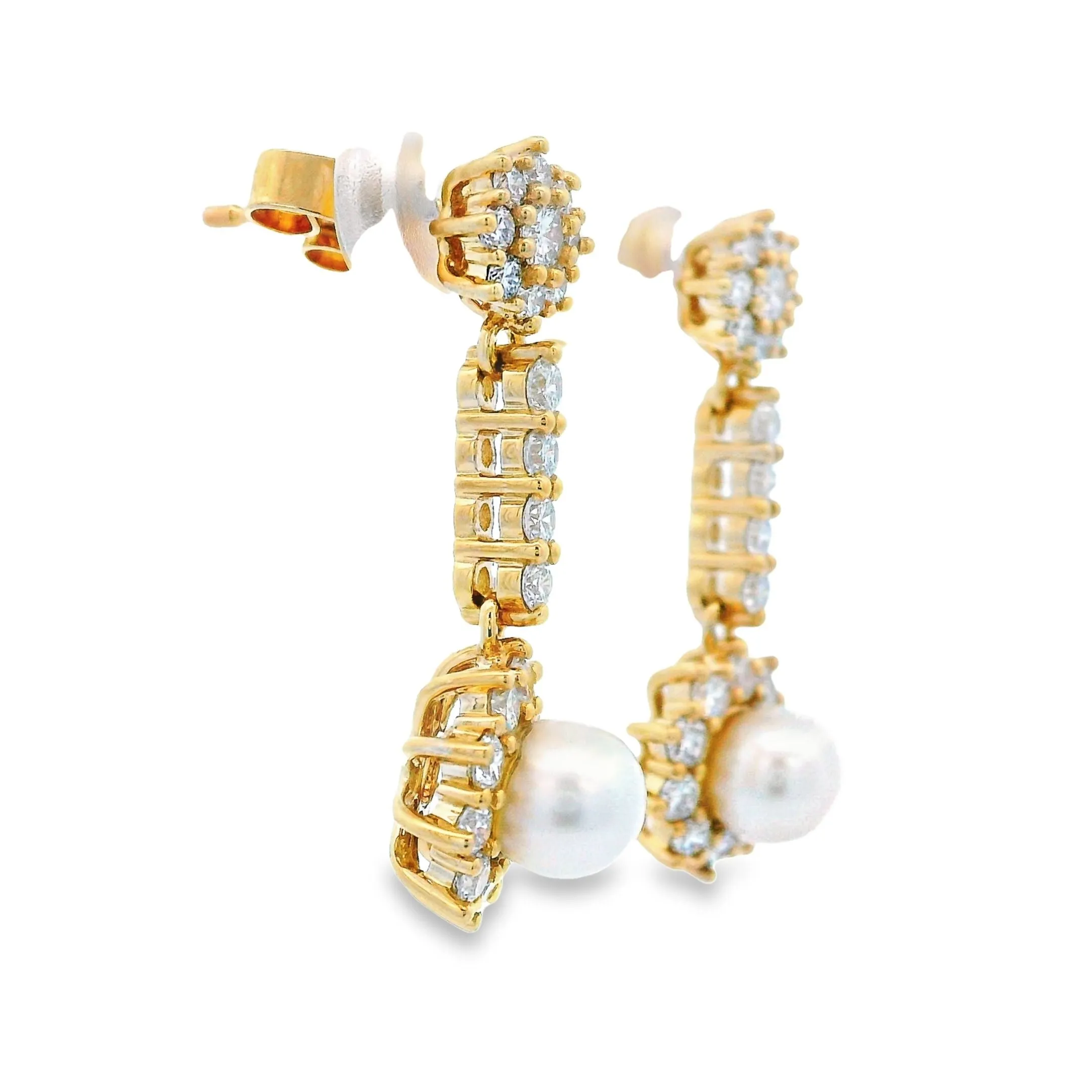 9ct Yellow Gold Pearl and Lab Grown Diamond Drop Earrings TDW= 1.25ct