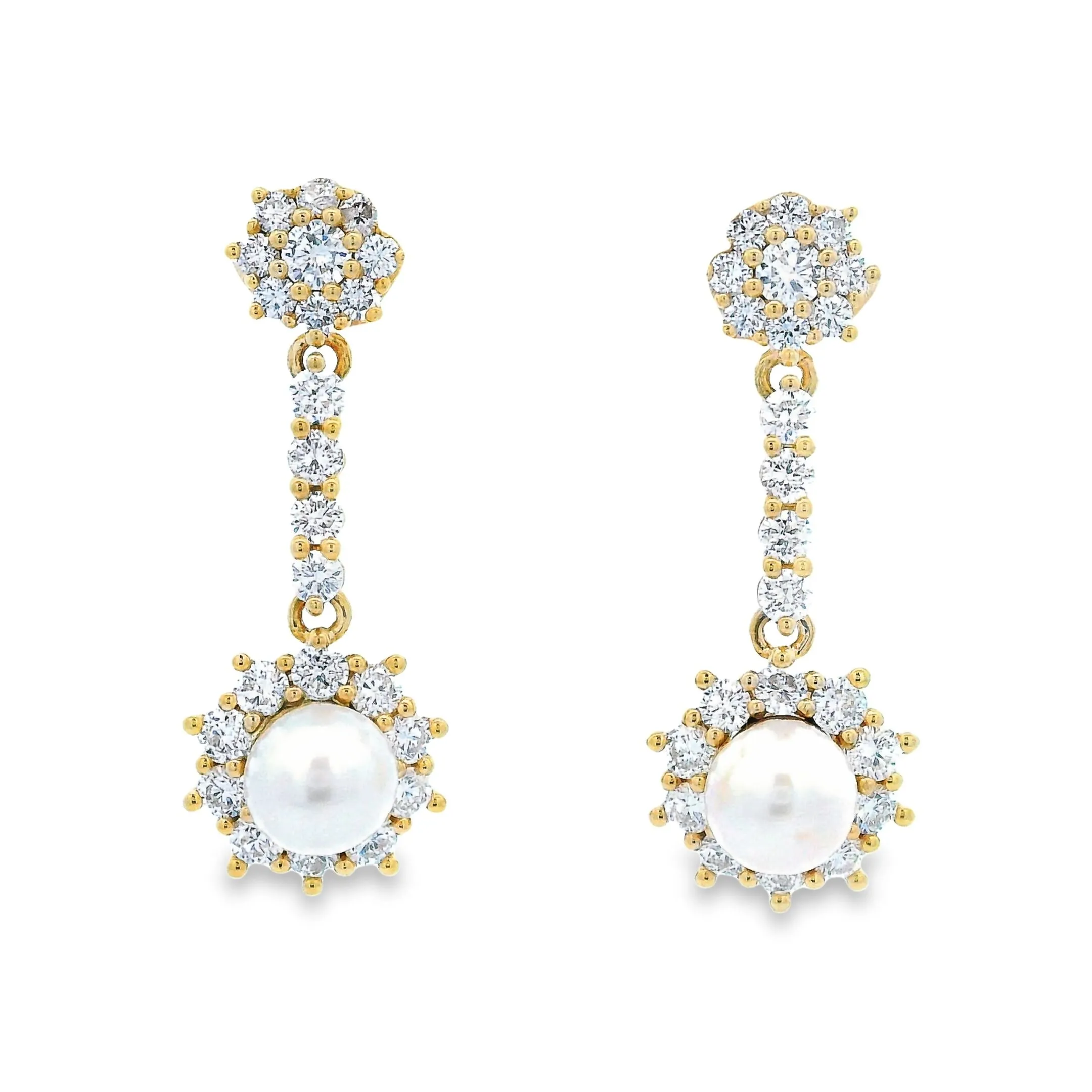 9ct Yellow Gold Pearl and Lab Grown Diamond Drop Earrings TDW= 1.25ct