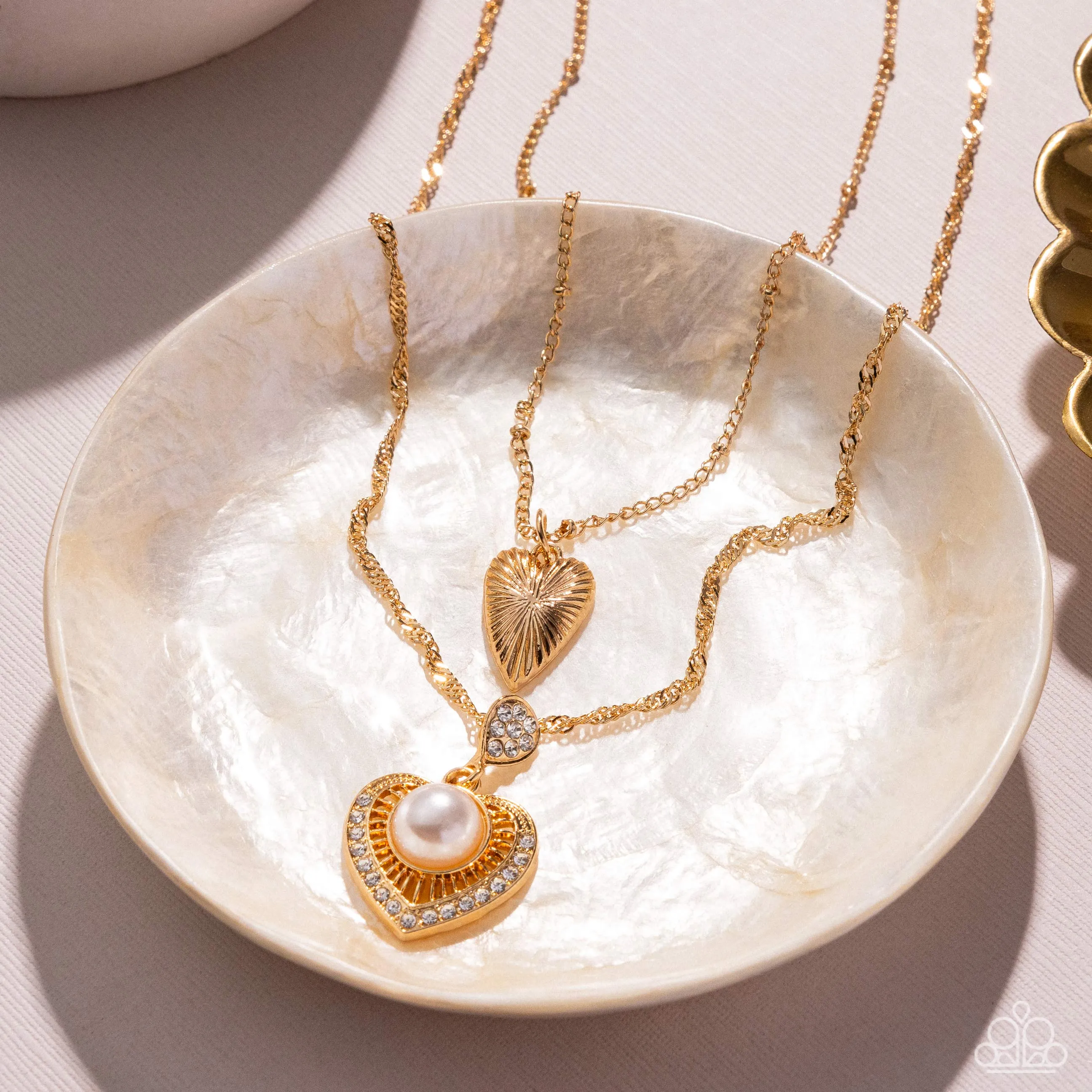Abstract Affection - Gold - Heart White Pearl Tiered Paparazzi Short Necklace