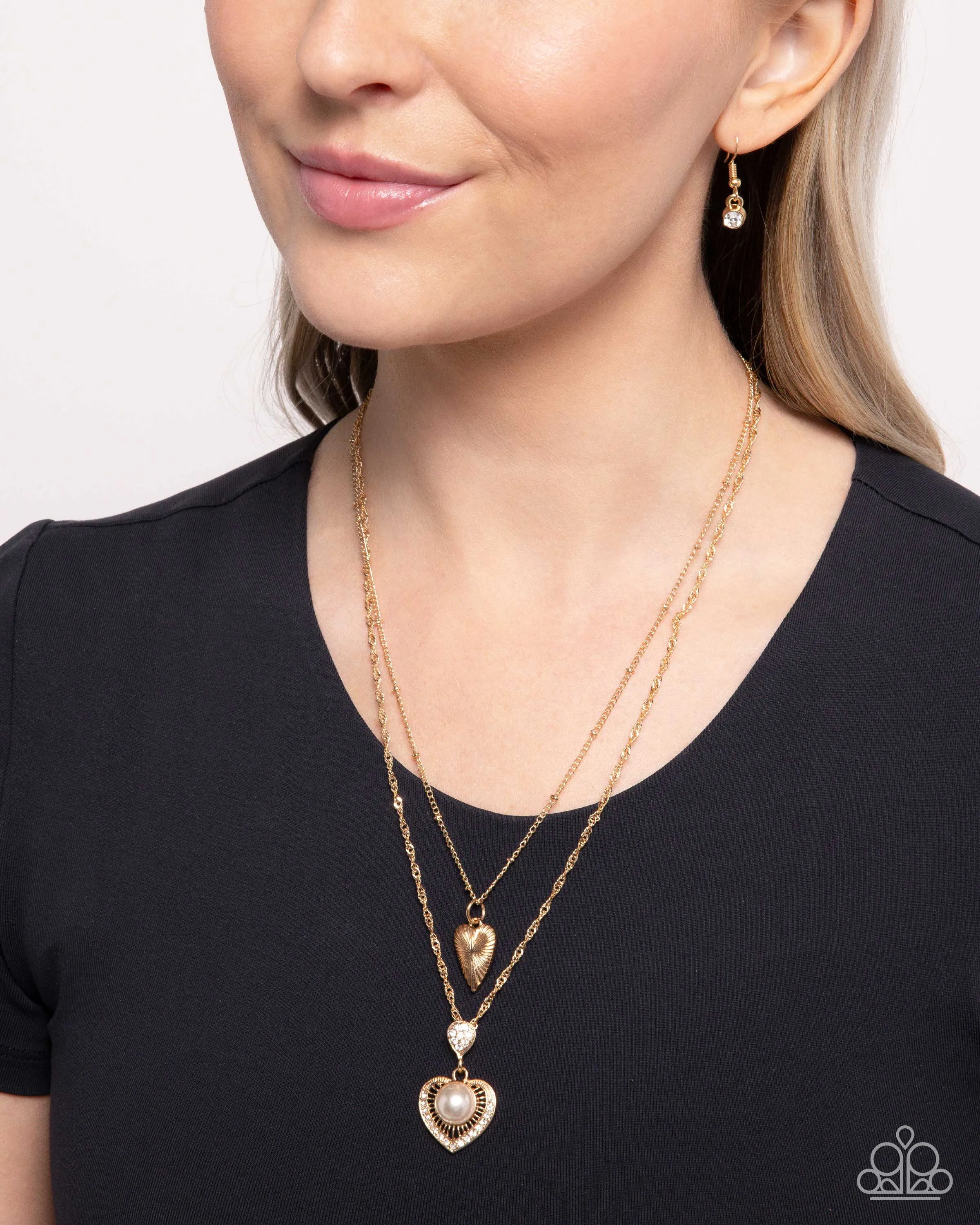 Abstract Affection - Gold - Heart White Pearl Tiered Paparazzi Short Necklace