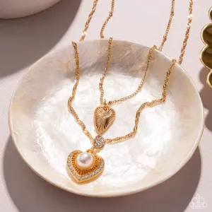 Abstract Affection - Gold - Heart White Pearl Tiered Paparazzi Short Necklace