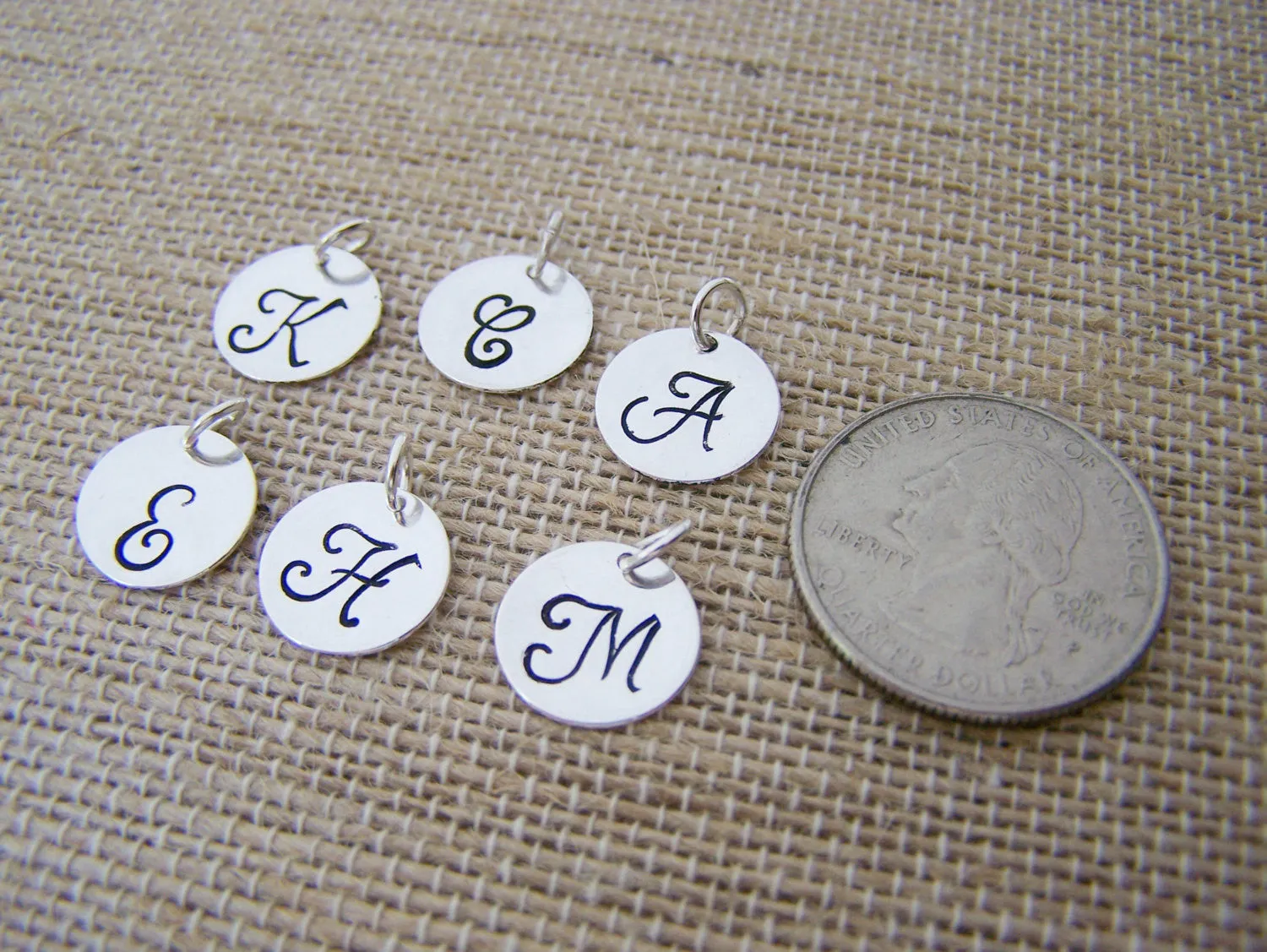 Add a Hand Stamped Silver Initial Charm / Script Font / Alphabet Intial Disc