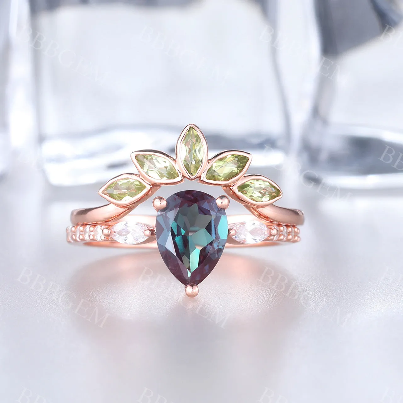 Alexandrite Engagement Ring Set Rose Gold Set Peridot Matching Band