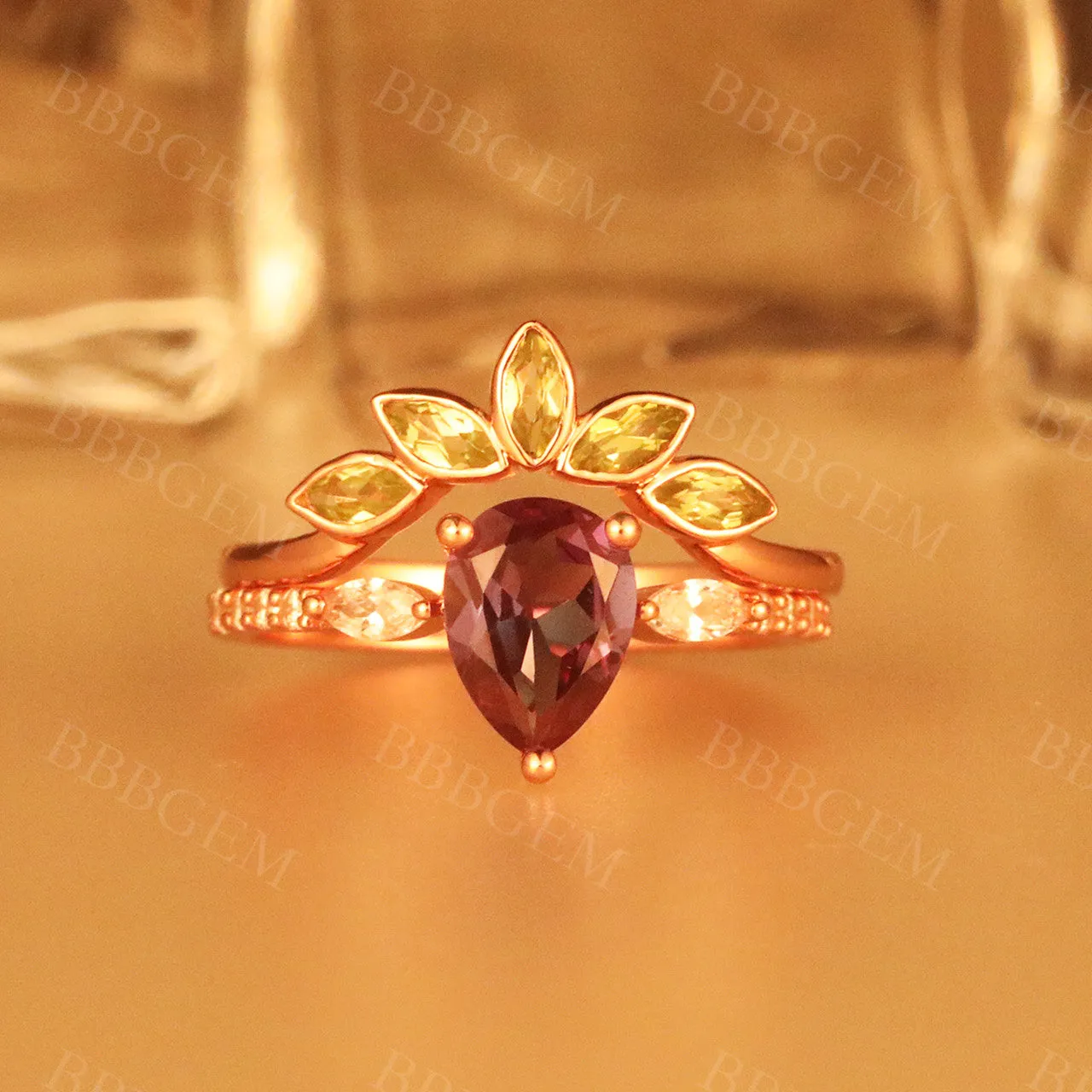 Alexandrite Engagement Ring Set Rose Gold Set Peridot Matching Band