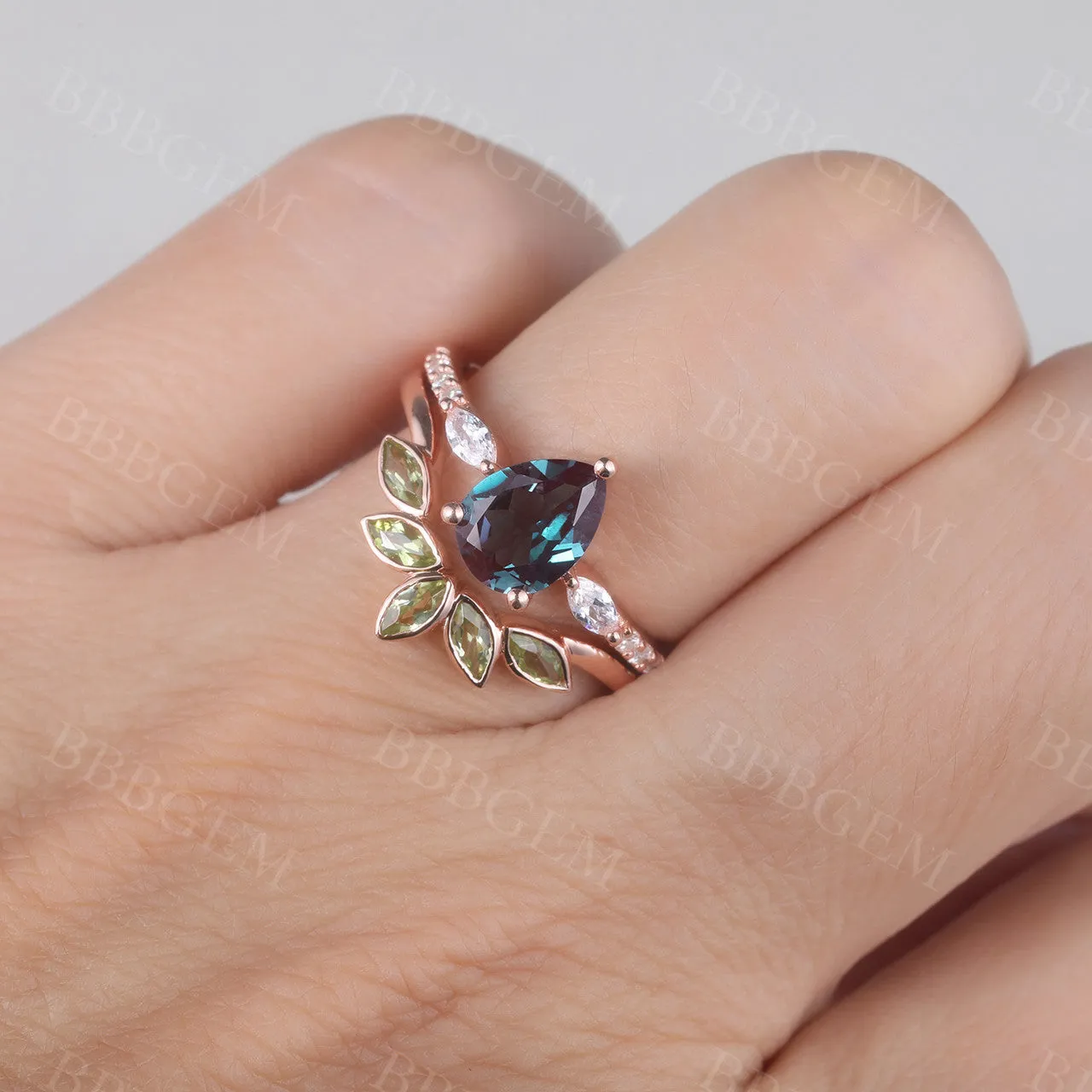 Alexandrite Engagement Ring Set Rose Gold Set Peridot Matching Band