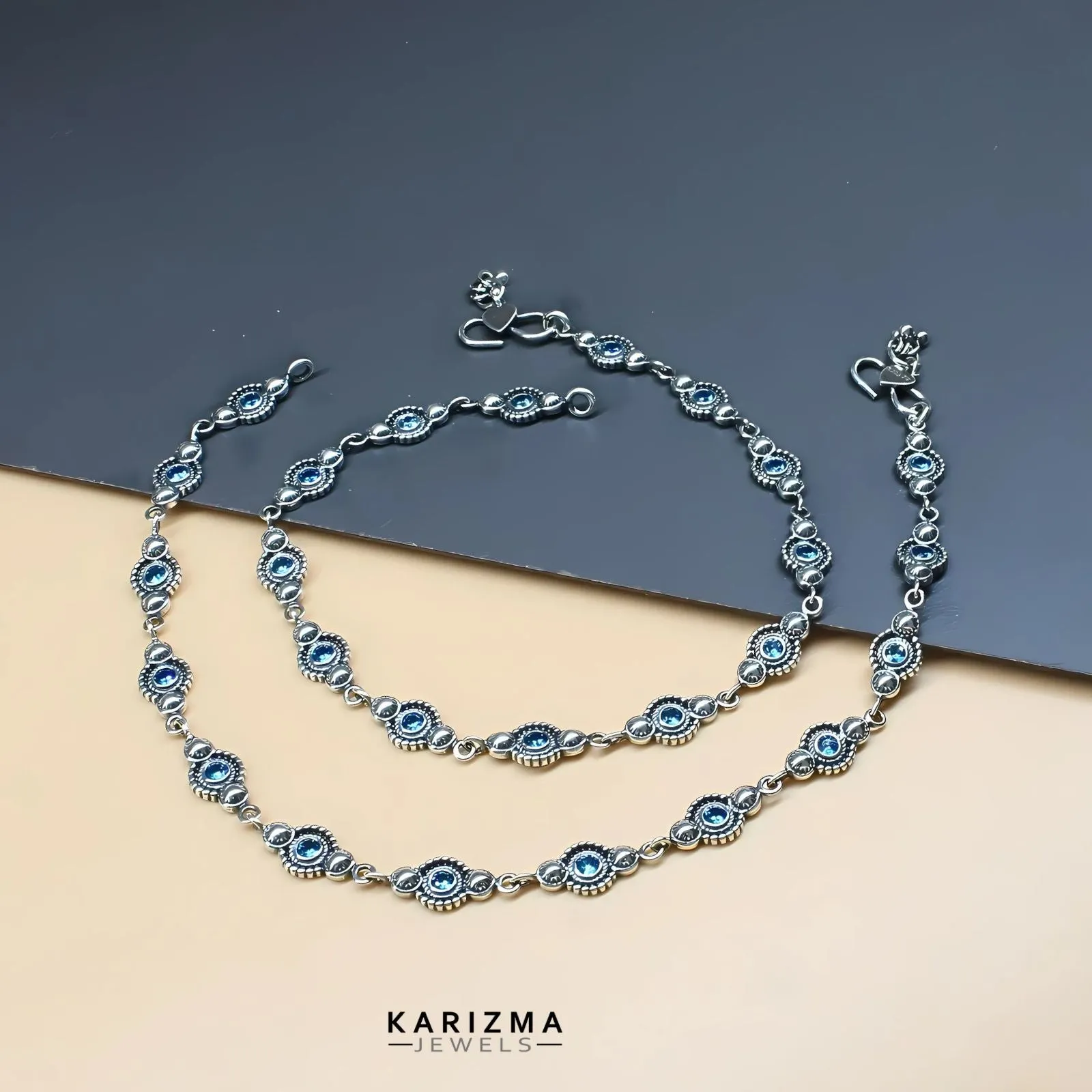 Amazing beach wear 925 Sterling Silver Blue CZ Oxidised Anklets Pair 10.2"