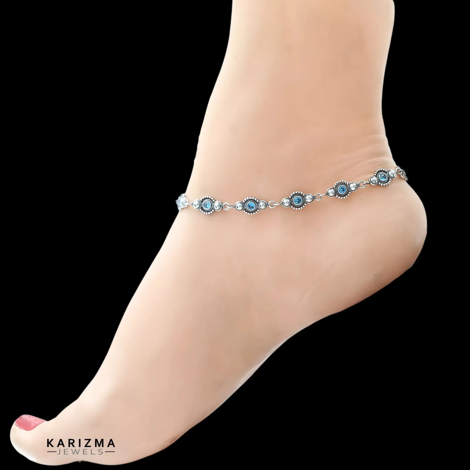Amazing beach wear 925 Sterling Silver Blue CZ Oxidised Anklets Pair 10.2"