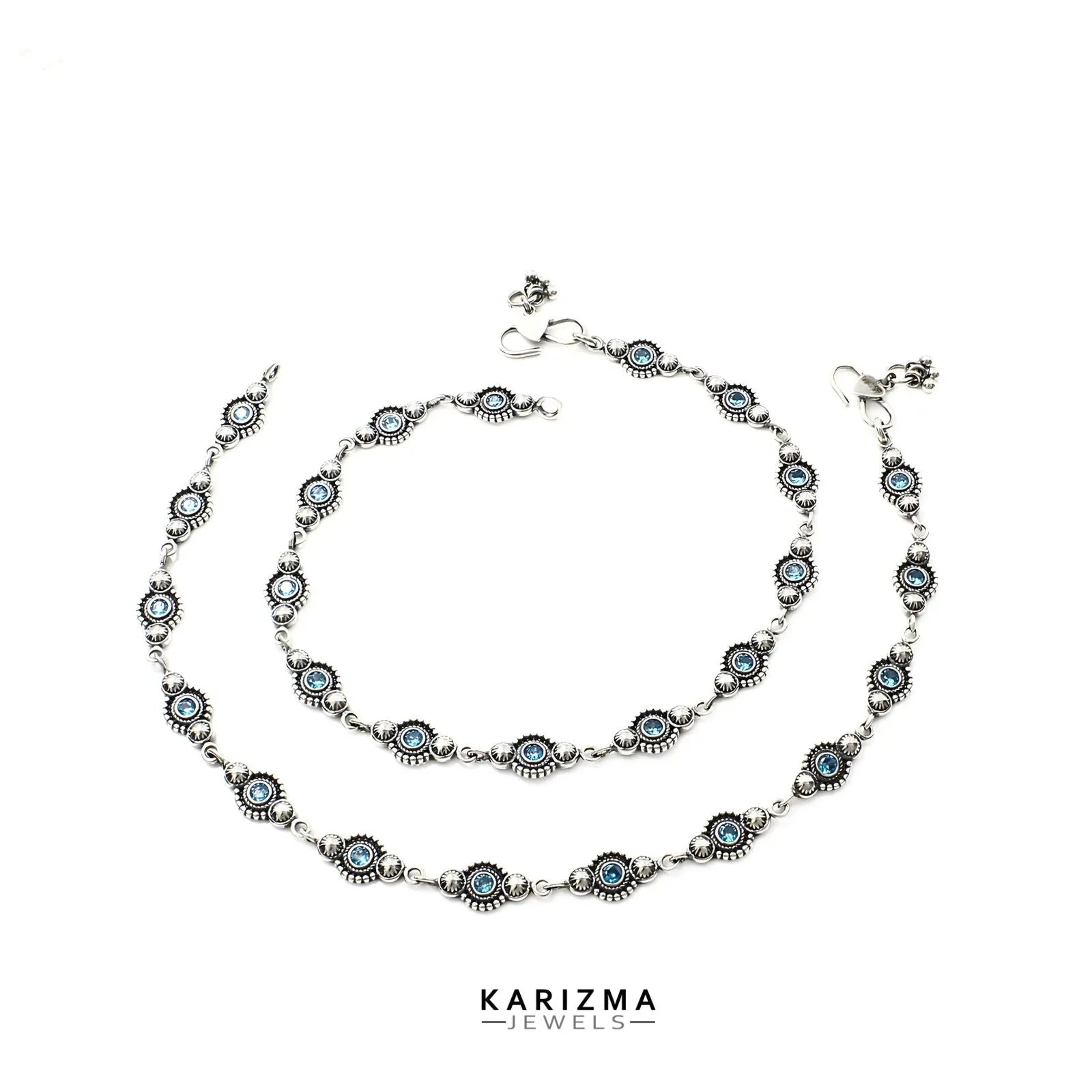 Amazing beach wear 925 Sterling Silver Blue CZ Oxidised Anklets Pair 10.2"