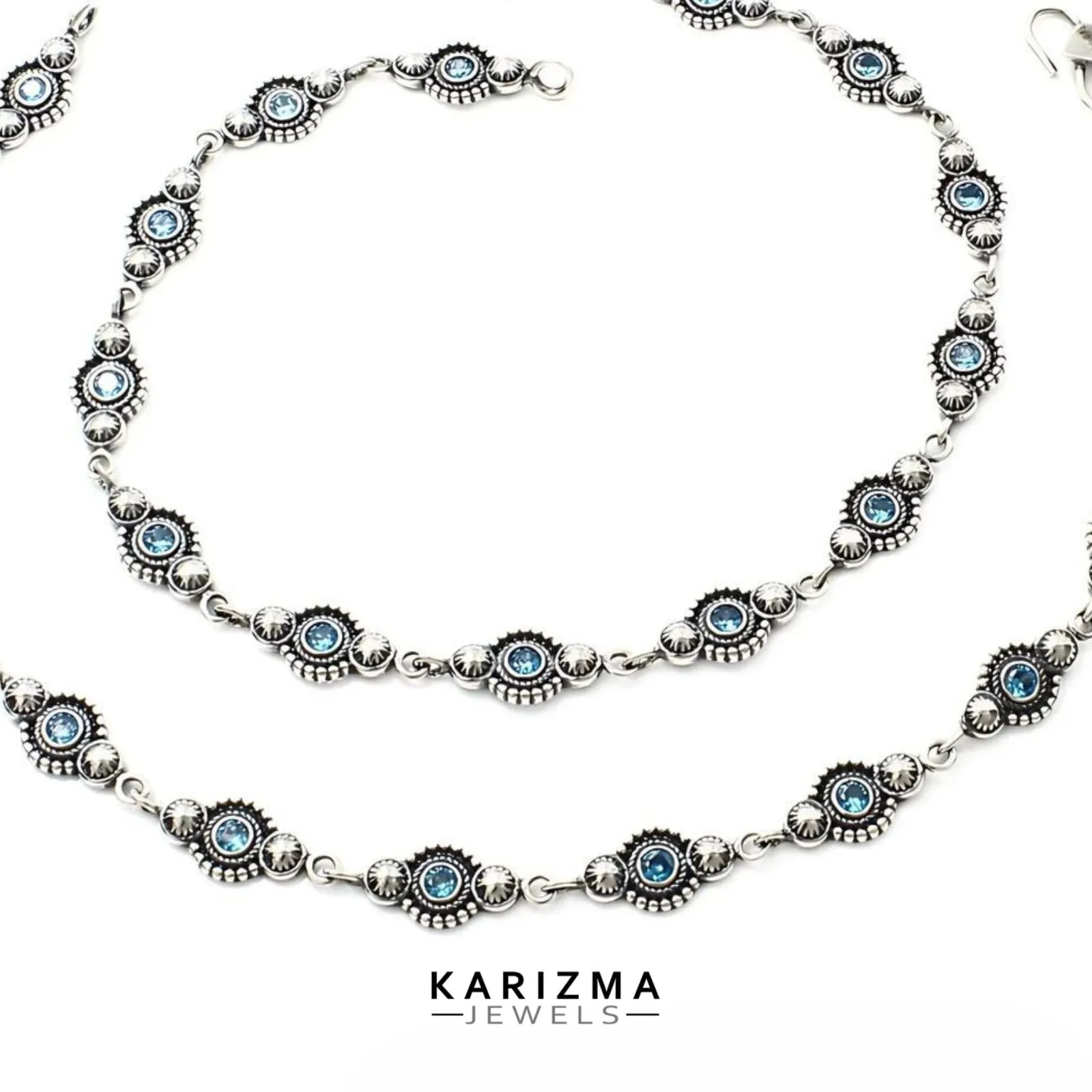 Amazing beach wear 925 Sterling Silver Blue CZ Oxidised Anklets Pair 10.2"