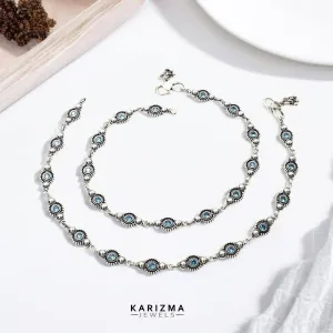 Amazing beach wear 925 Sterling Silver Blue CZ Oxidised Anklets Pair 10.2"