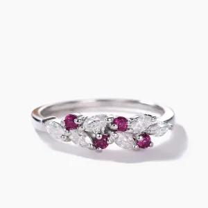 Antique Leaf Moissanite Ruby Wedding Band 14k White Gold Cluster Birthstone Ring