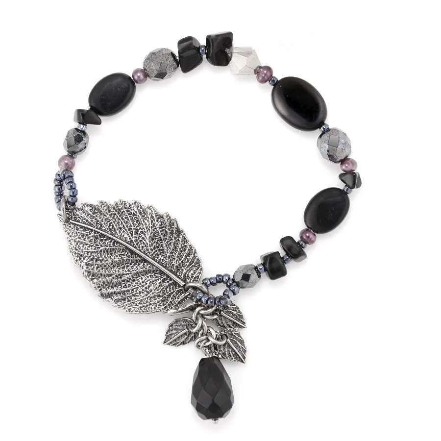 ANTIQUE SILVER LAEF BLACK STONE STRETCH  BRACELETS #151BK2101