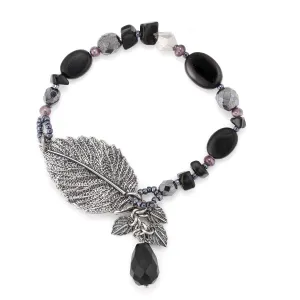 ANTIQUE SILVER LAEF BLACK STONE STRETCH  BRACELETS #151BK2101