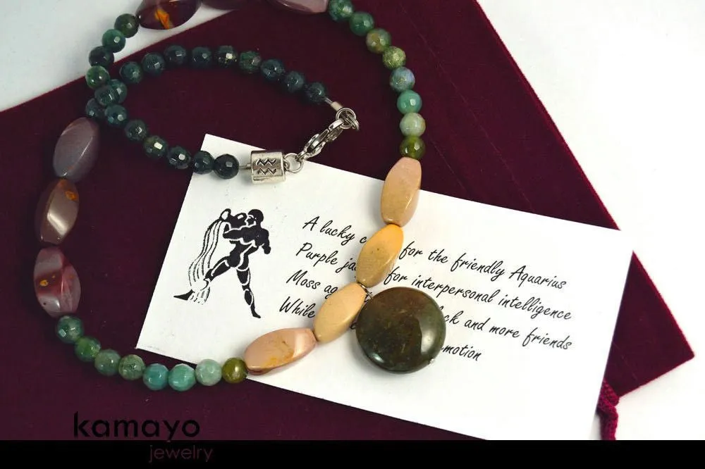 AQUARIUS NECKLACE - Womens' Choker - Moss Agate Pendant and Jasper Beads