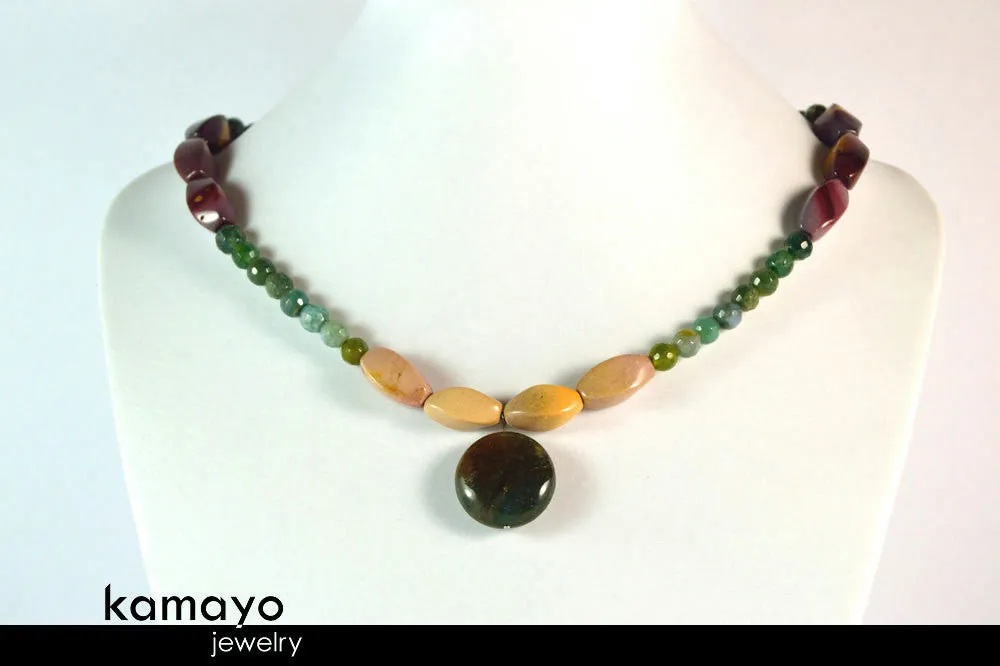 AQUARIUS NECKLACE - Womens' Choker - Moss Agate Pendant and Jasper Beads