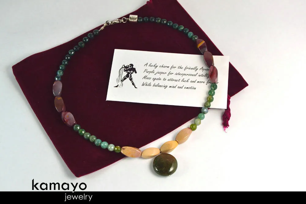 AQUARIUS NECKLACE - Womens' Choker - Moss Agate Pendant and Jasper Beads