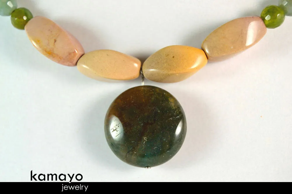 AQUARIUS NECKLACE - Womens' Choker - Moss Agate Pendant and Jasper Beads