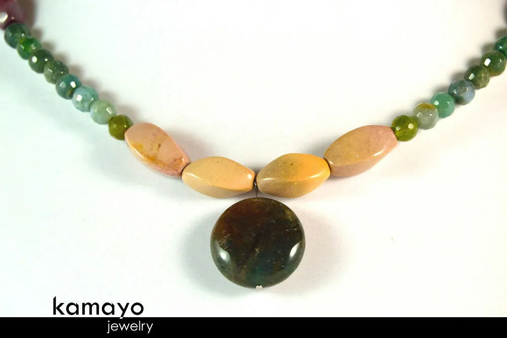 AQUARIUS NECKLACE - Womens' Choker - Moss Agate Pendant and Jasper Beads