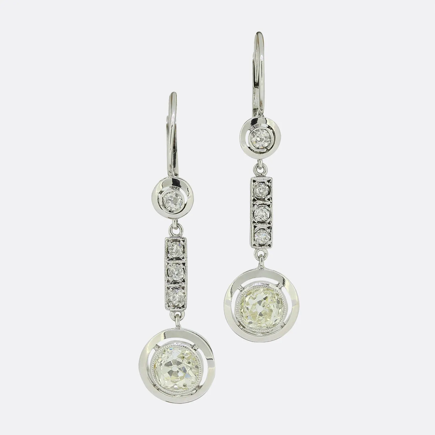 Art Deco 2.28 Carat Old Cut Diamond Drop Earrings