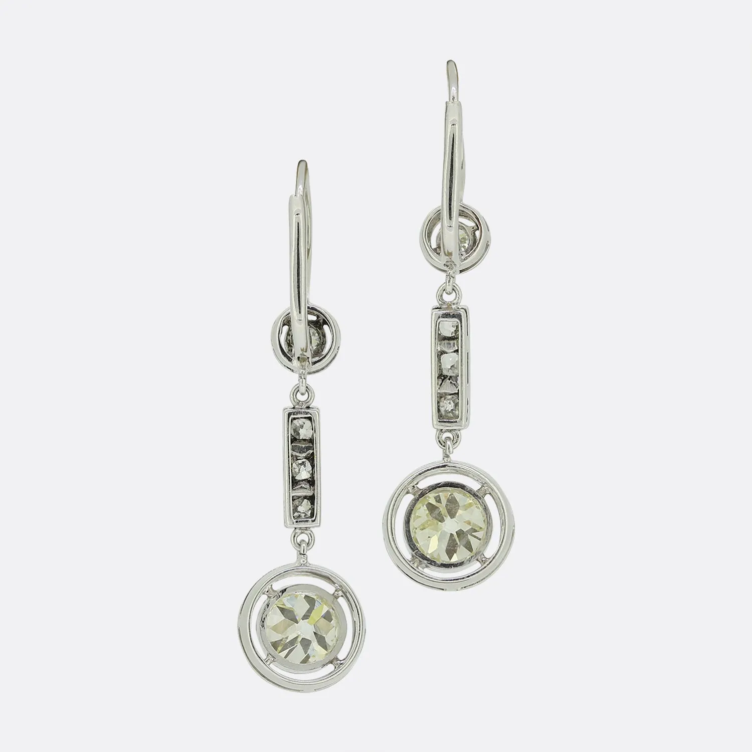 Art Deco 2.28 Carat Old Cut Diamond Drop Earrings