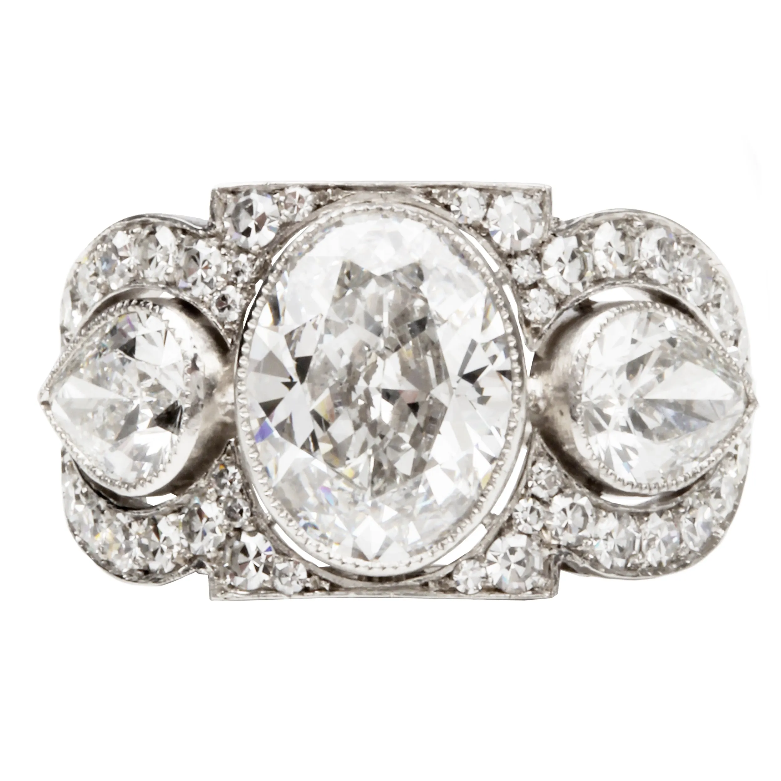 Art Deco Inspired Three Stone Diamond Ring with Oval and Pear Shapes