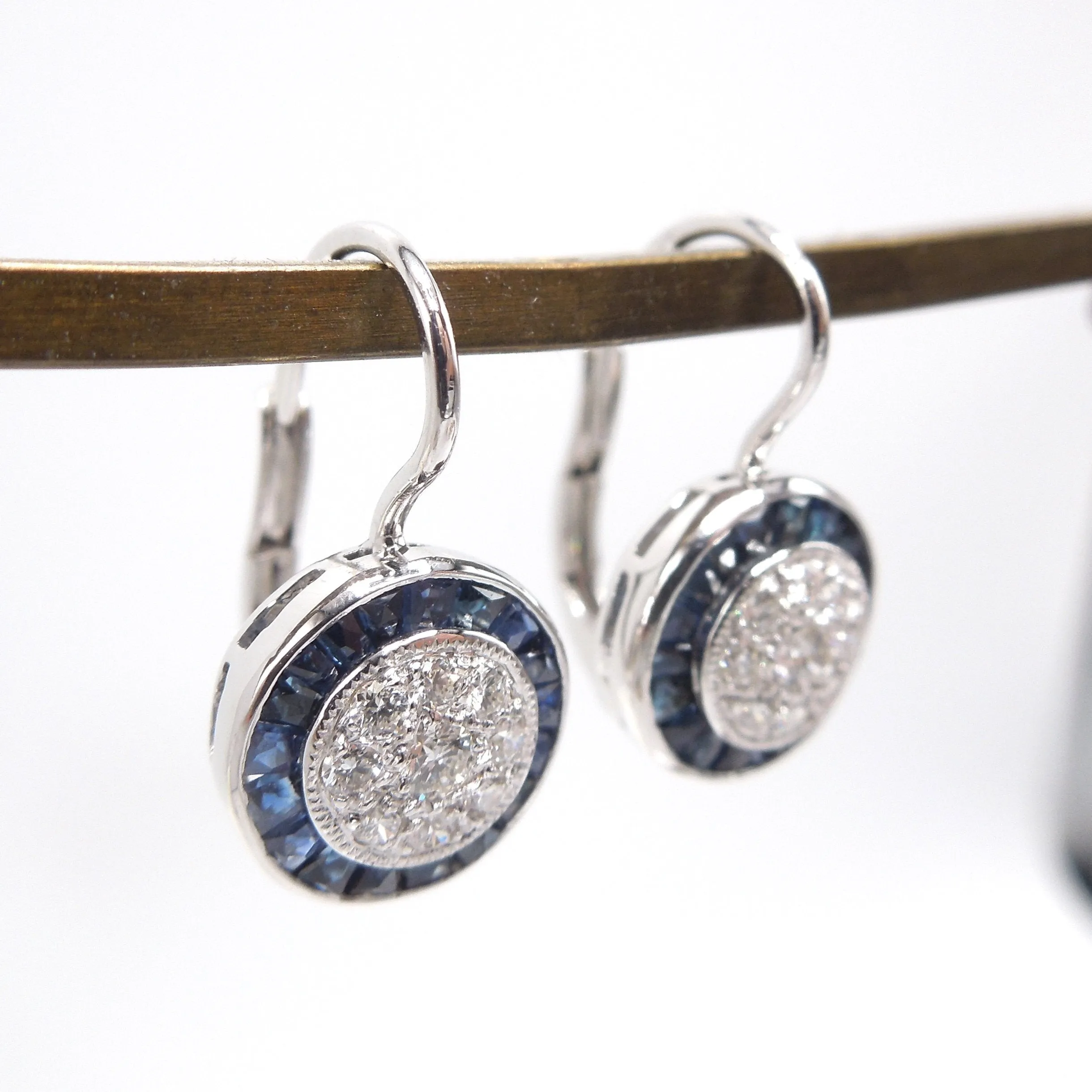 Art Deco Style Diamond Cluster and Sapphire Halo Lever Back Drop Earrings