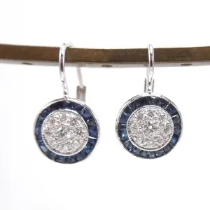 Art Deco Style Diamond Cluster and Sapphire Halo Lever Back Drop Earrings