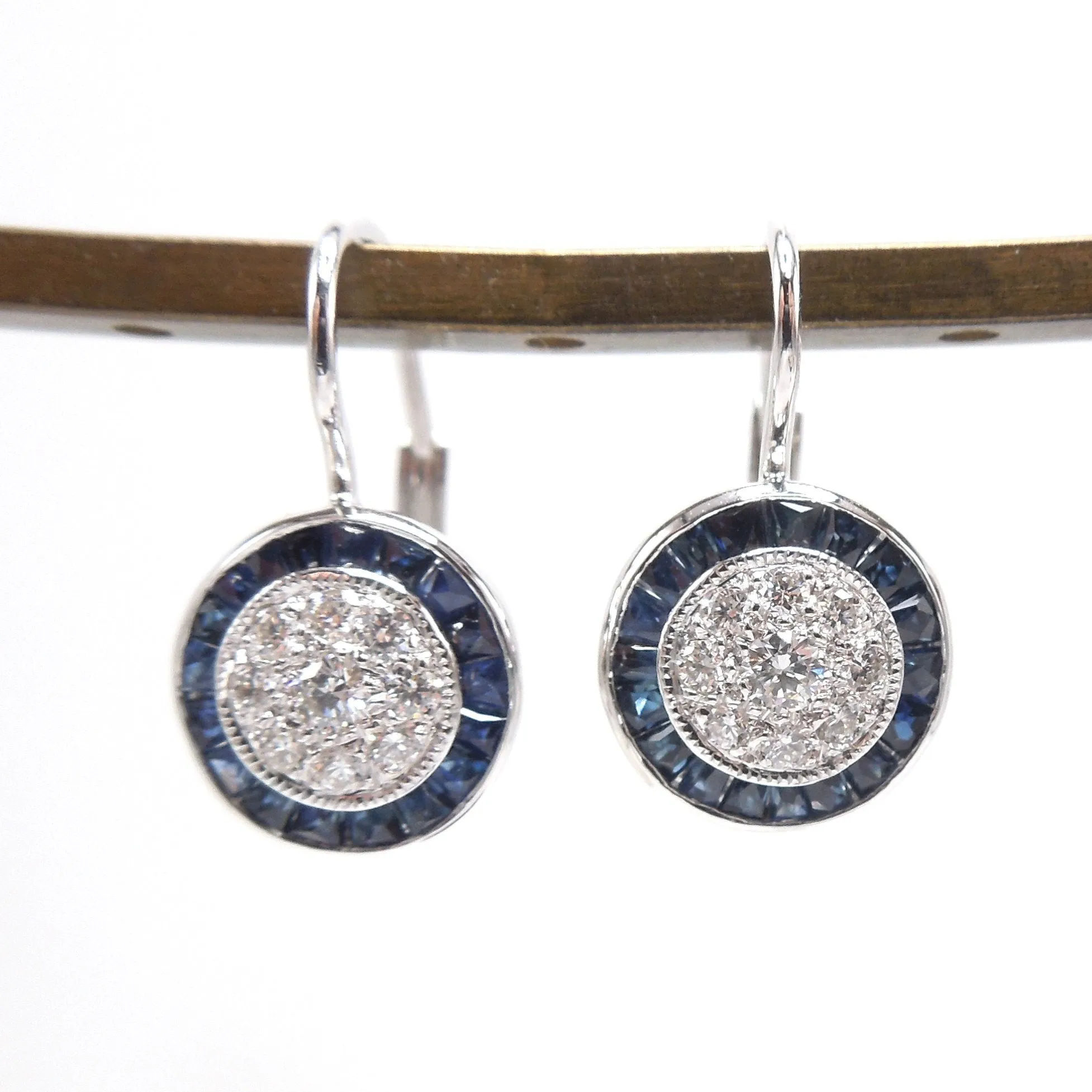 Art Deco Style Diamond Cluster and Sapphire Halo Lever Back Drop Earrings