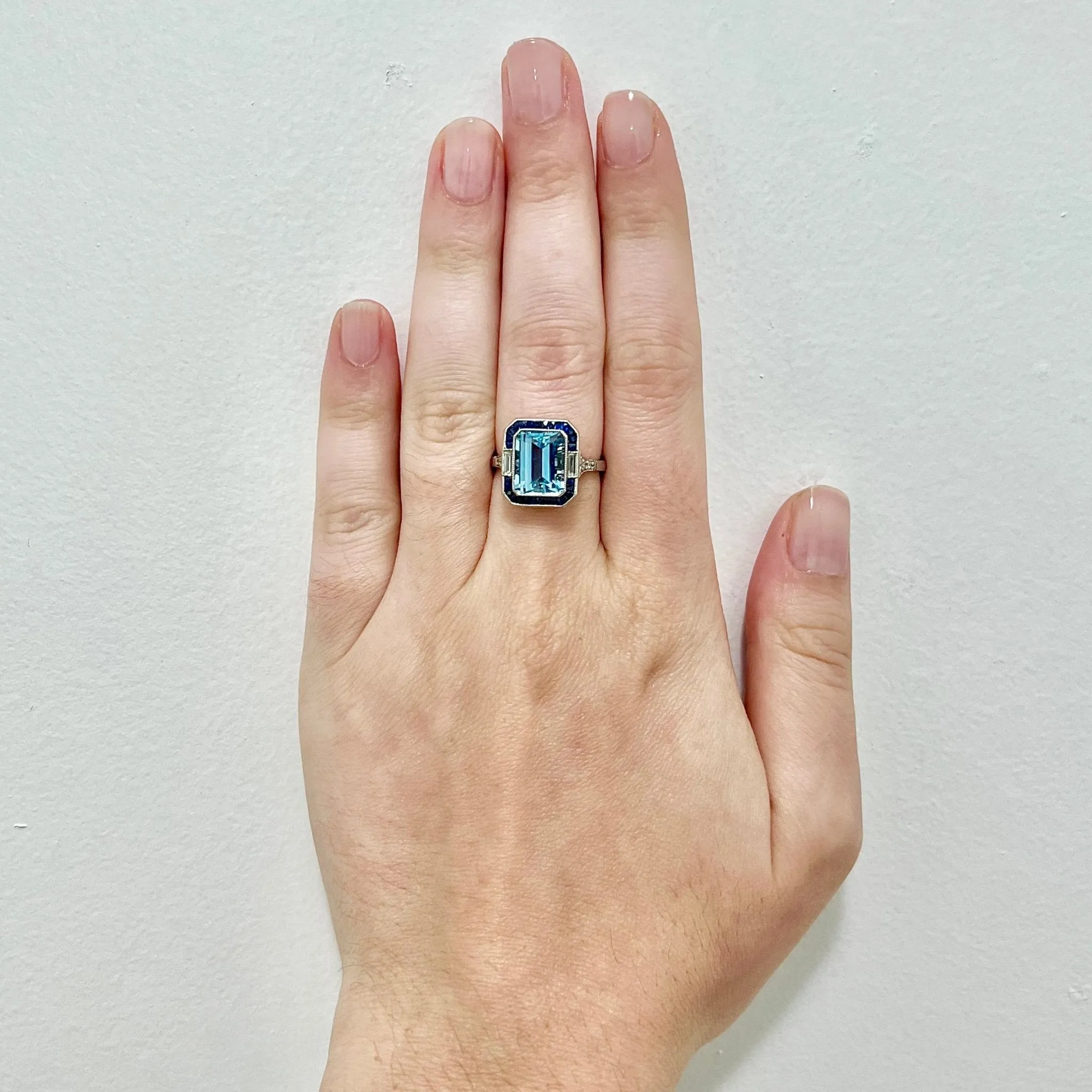 Art Deco Style Handcrafted Platinum 3.23 Carats Aquamarine, Sapphire & Diamond Halo Ring