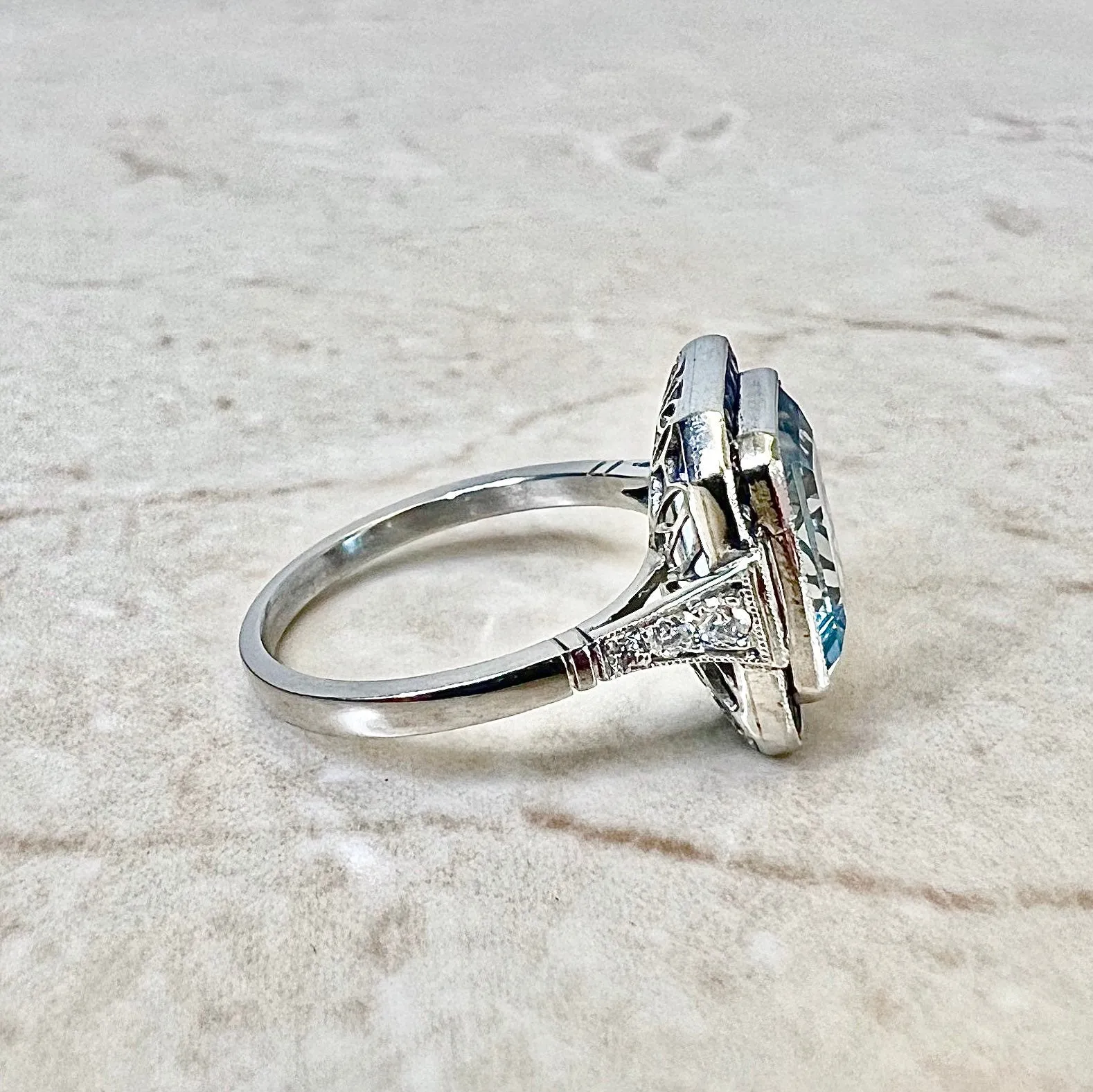 Art Deco Style Handcrafted Platinum 3.23 Carats Aquamarine, Sapphire & Diamond Halo Ring