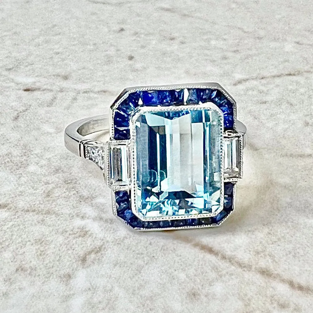 Art Deco Style Handcrafted Platinum 3.23 Carats Aquamarine, Sapphire & Diamond Halo Ring