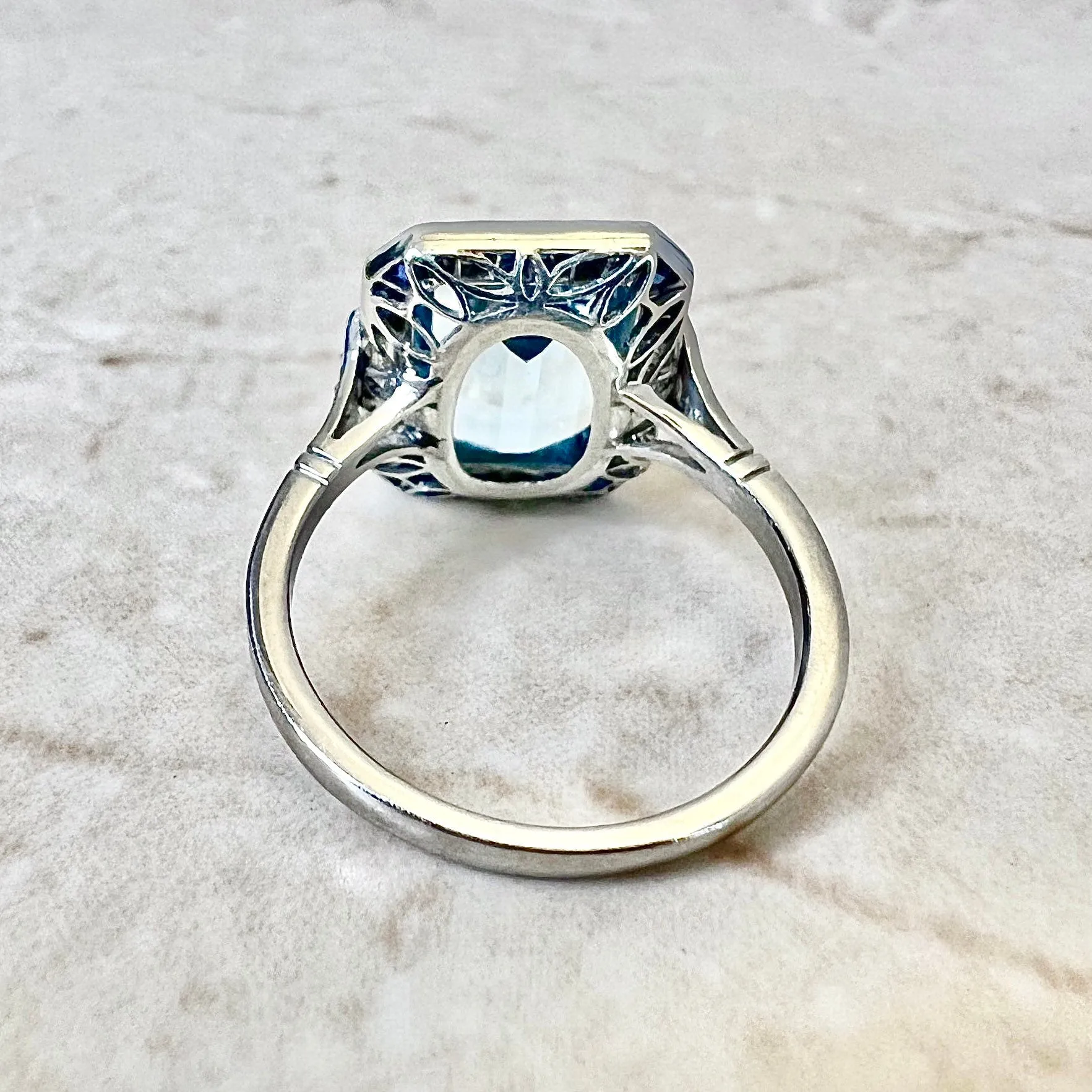 Art Deco Style Handcrafted Platinum 3.23 Carats Aquamarine, Sapphire & Diamond Halo Ring