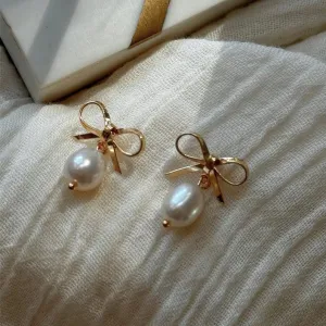 Baby Bow Pearl Gold Stud Earrings