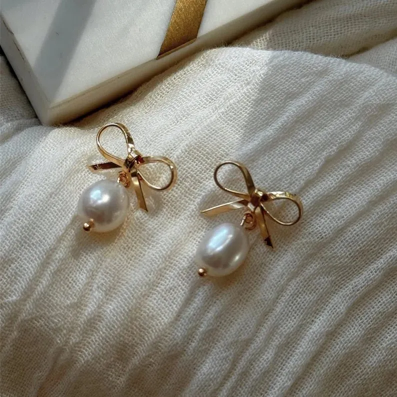 Baby Bow Pearl Gold Stud Earrings