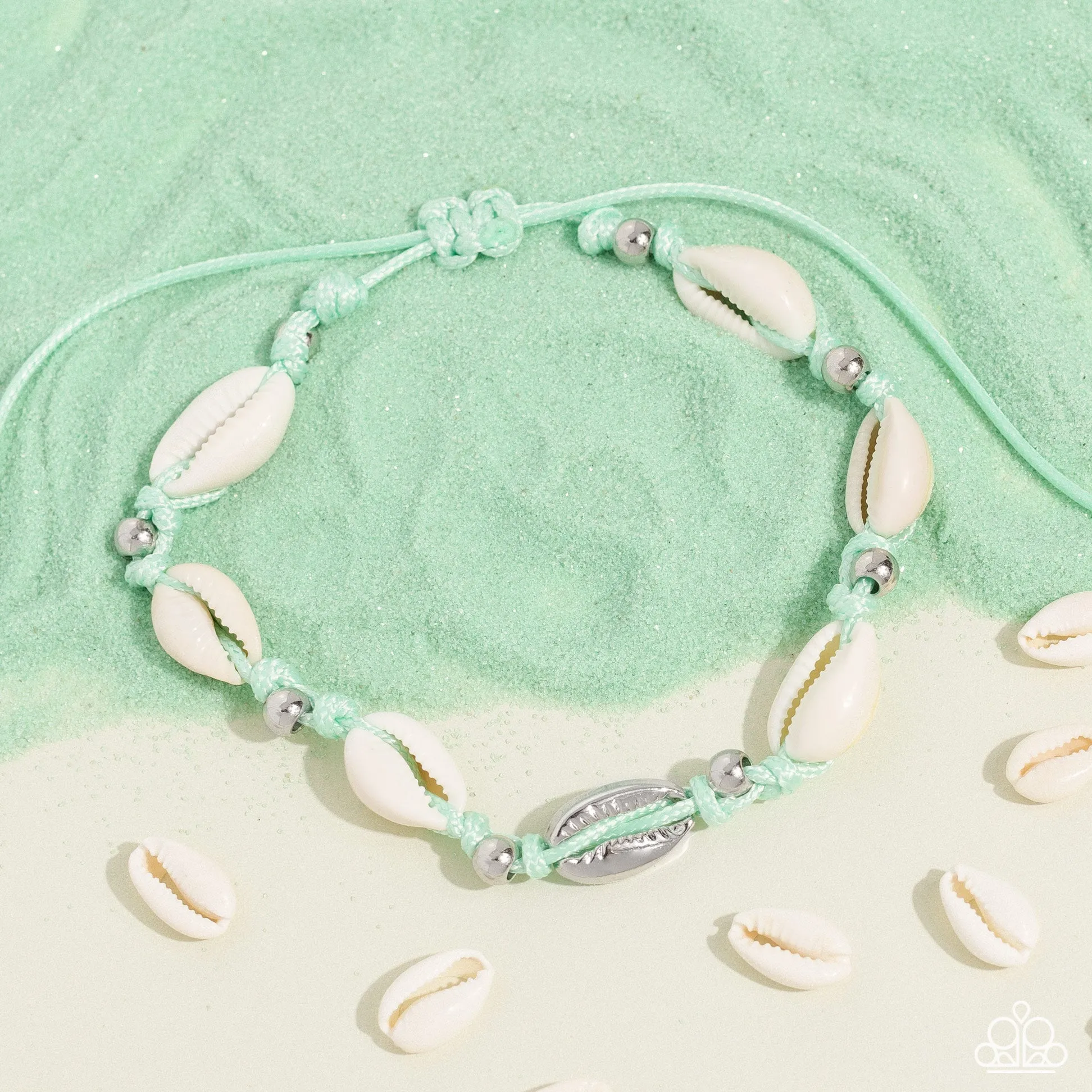 Beachcomber Ballad - Green - Seashell Paparazzi Pull-Cord Anklet
