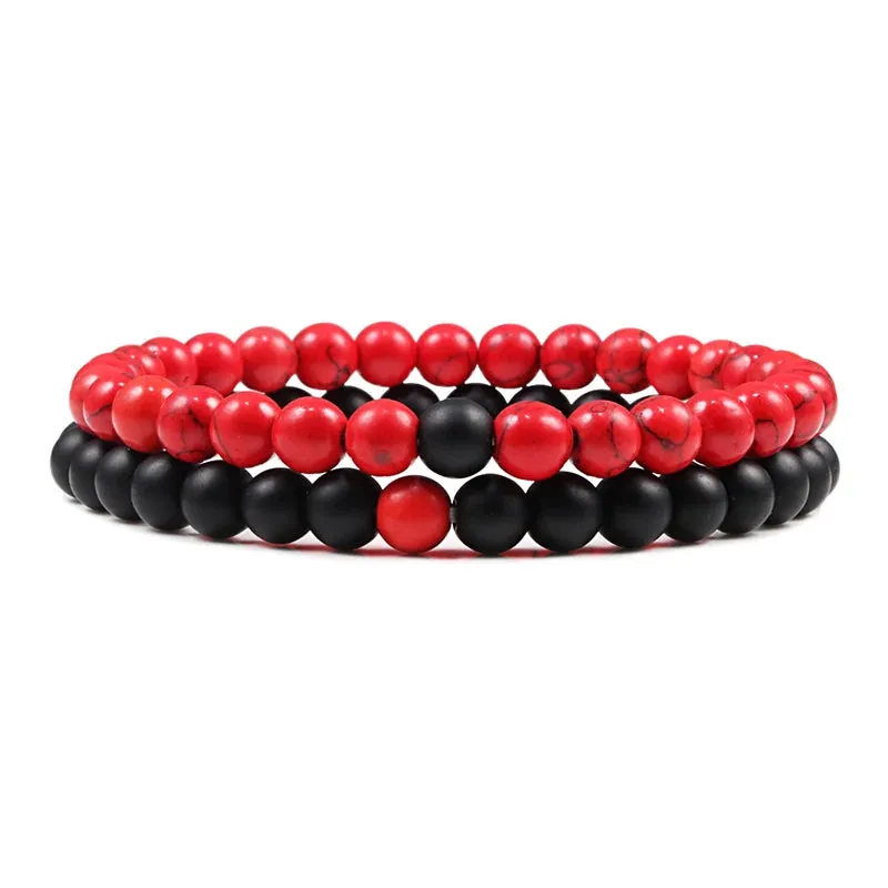 Beaded Bracelets Bangles Set Natural Lava Stone Couples Distance Energy Elastic Rope Men Women Best Friend Jewelry Gift