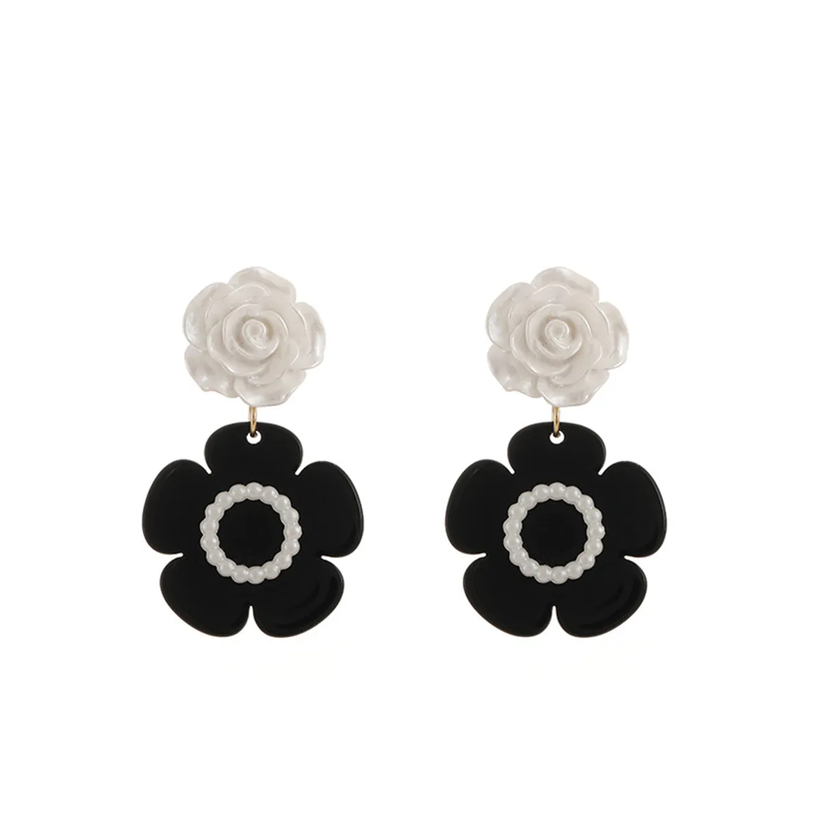 Black Acrylic & White Resin Pearl Silver-Plated Flower Drop Earrings