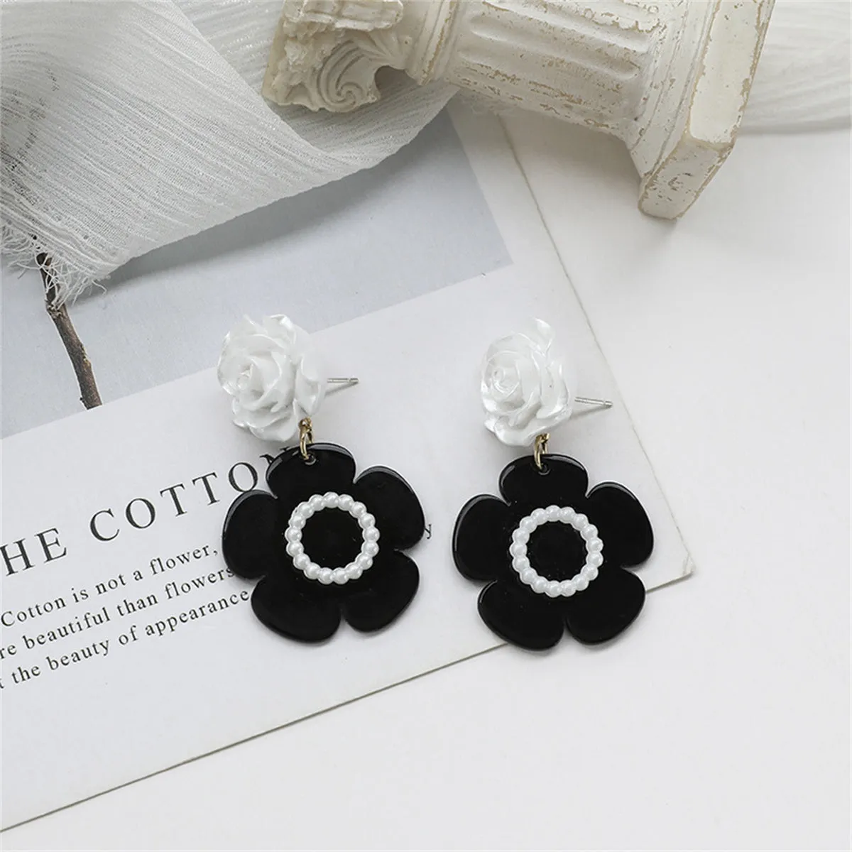 Black Acrylic & White Resin Pearl Silver-Plated Flower Drop Earrings