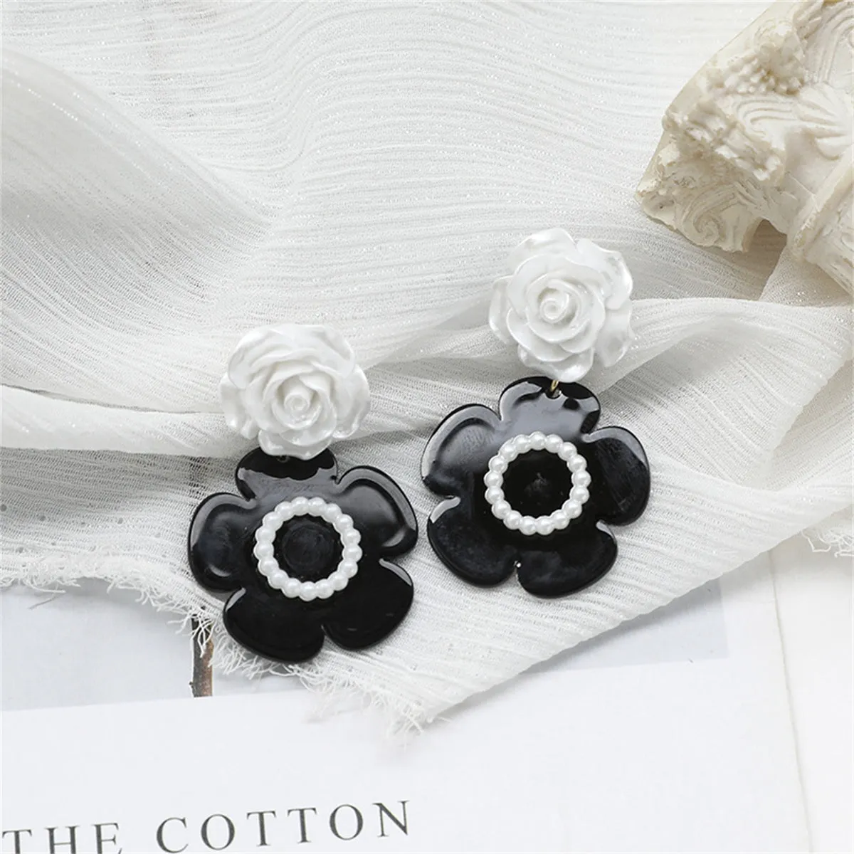 Black Acrylic & White Resin Pearl Silver-Plated Flower Drop Earrings