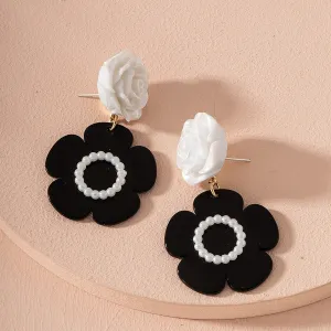 Black Acrylic & White Resin Pearl Silver-Plated Flower Drop Earrings