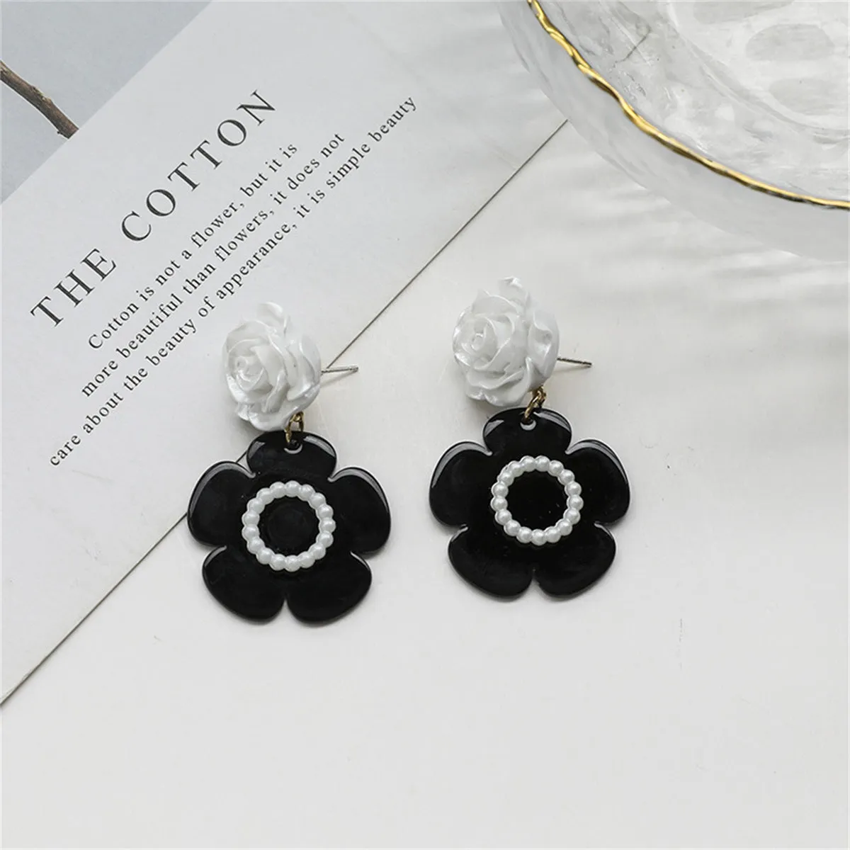 Black Acrylic & White Resin Pearl Silver-Plated Flower Drop Earrings