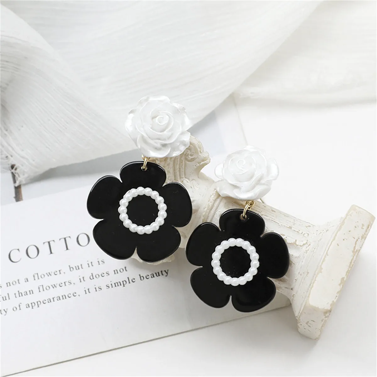 Black Acrylic & White Resin Pearl Silver-Plated Flower Drop Earrings