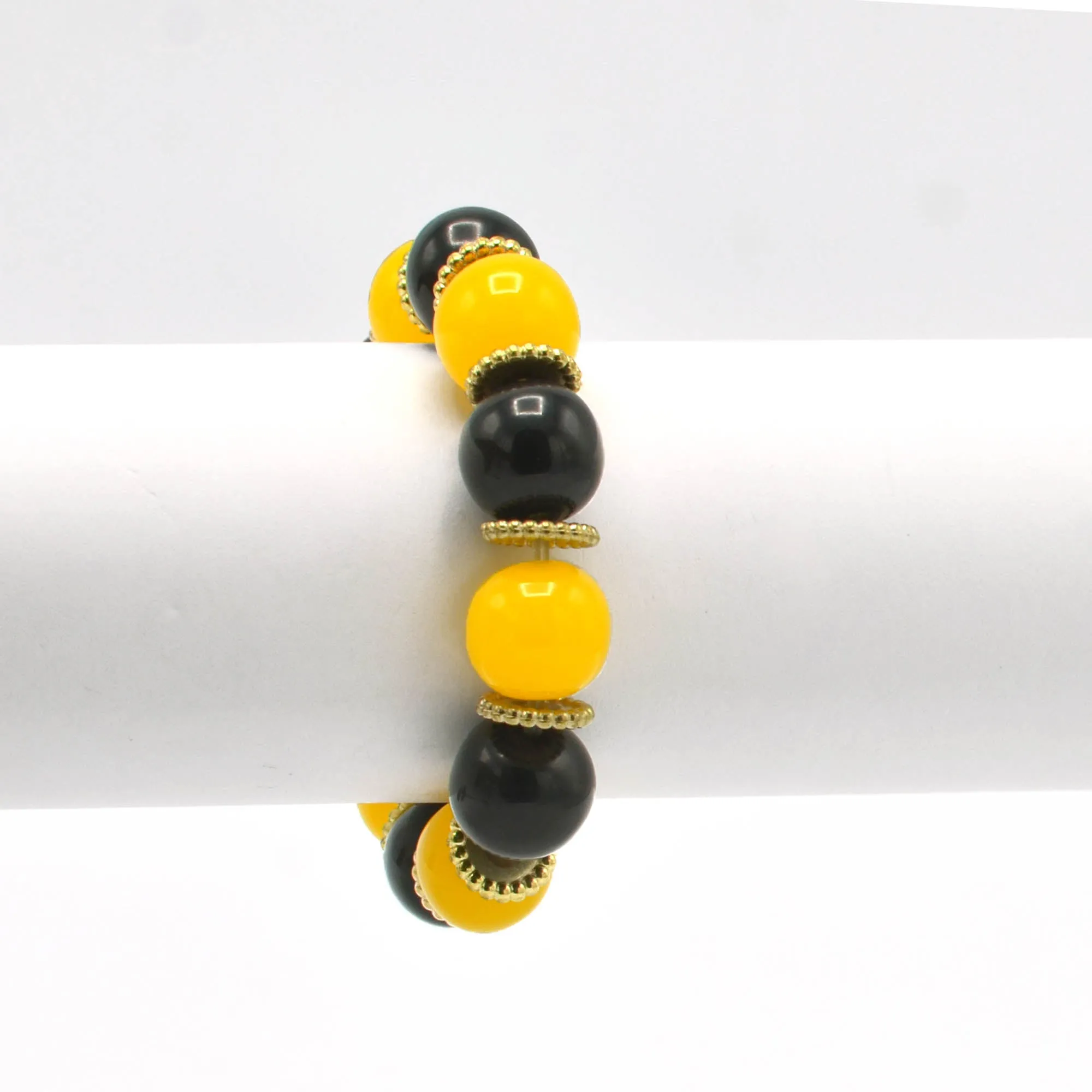 BLACK & AMBER BEADS MEMORY WIRE STRETCH BRACELET #FWNK-2109-73-BRC