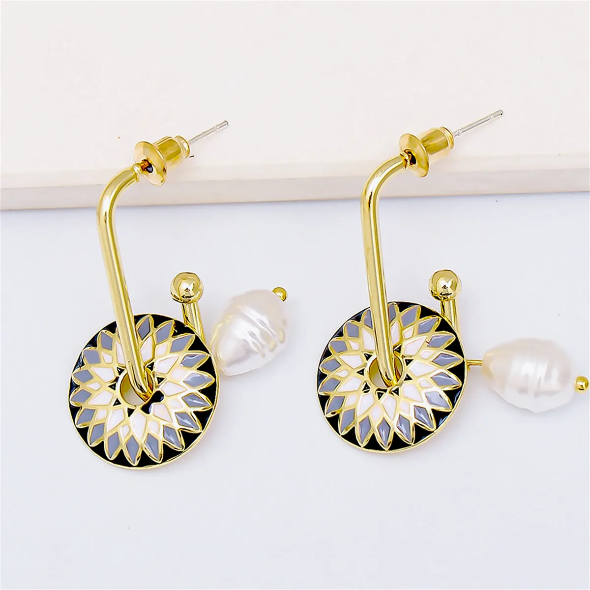 Black Enamel & Pearl 18K Gold-Plated Lotus Drop Earrings