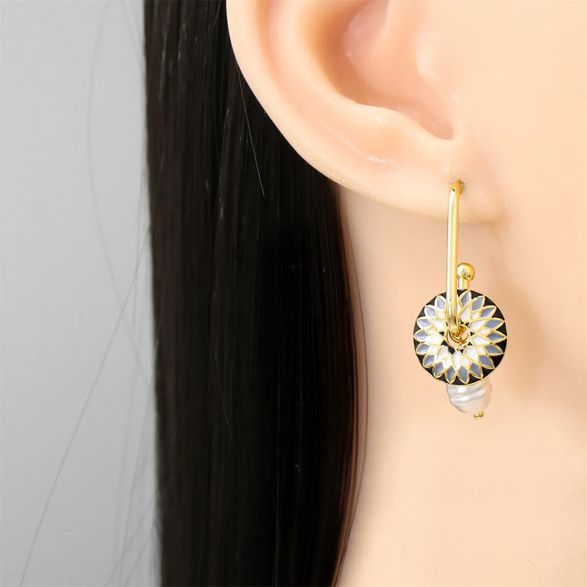 Black Enamel & Pearl 18K Gold-Plated Lotus Drop Earrings