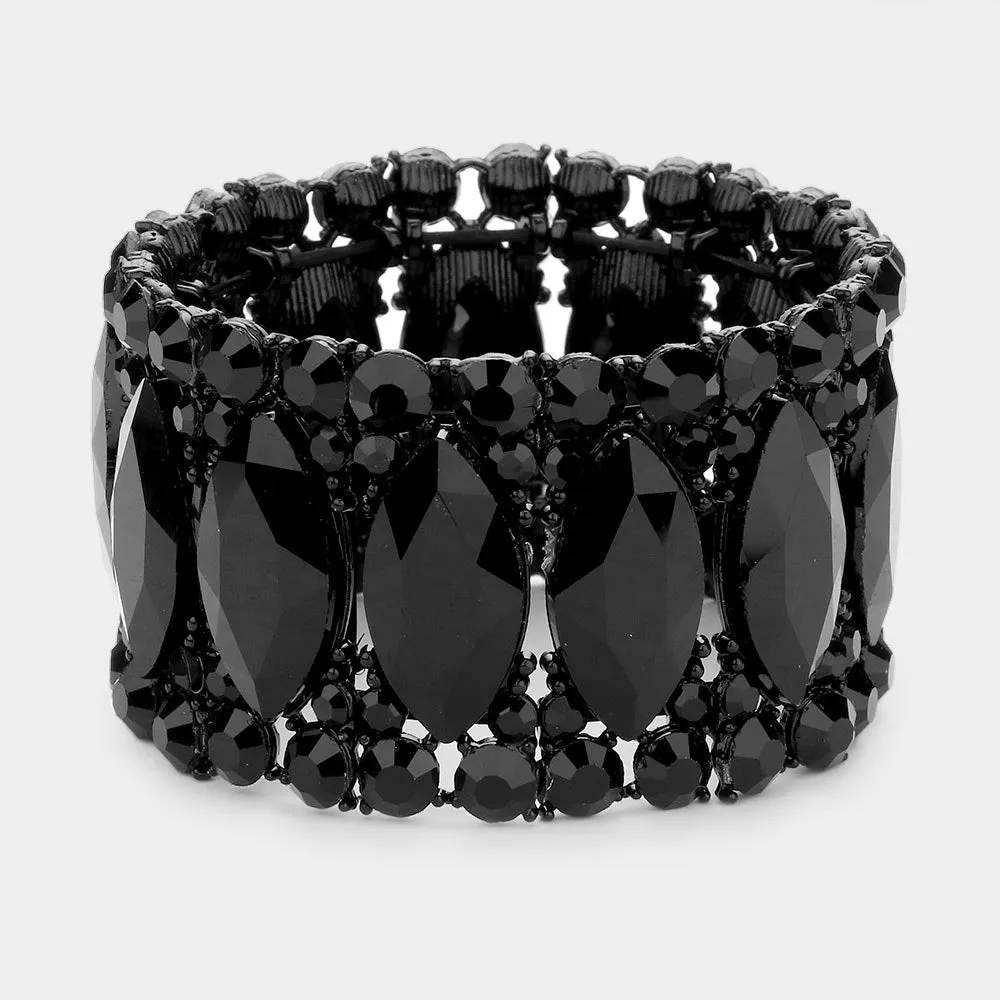 Black Large Marquise Stoned Stretch Pageant Bracelet  | Prom Jewelry | 506901